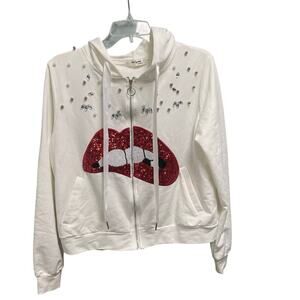 Rhinestone Pearl Full Zip Hoodie Red Glitter Lips Y2K Bling Streetwear Large